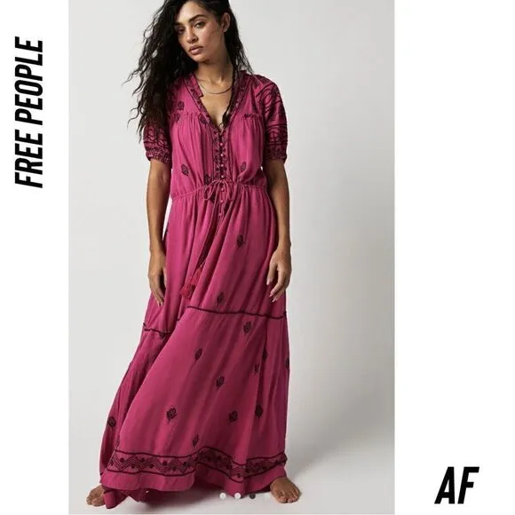 FREE PEOPLE RILEY SMOCKED MAXI DRESS IN FUCHSIA NEW