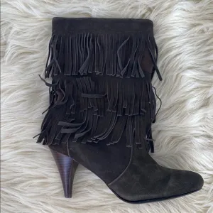 Fringe Chocolate Brown Suede Mid caff Slouchy Boots Boho Festival Western 7.5