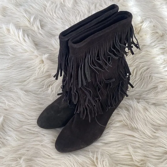 Fringe Chocolate Brown Suede Mid caff Slouchy Boots Boho Festival Western 7.5