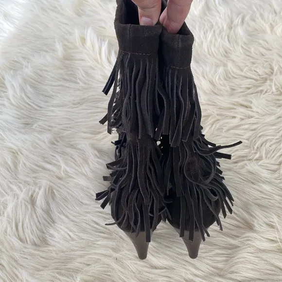 Fringe Chocolate Brown Suede Mid caff Slouchy Boots Boho Festival Western 7.5