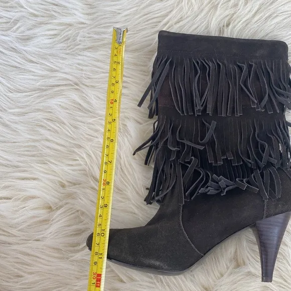 Fringe Chocolate Brown Suede Mid caff Slouchy Boots Boho Festival Western 7.5