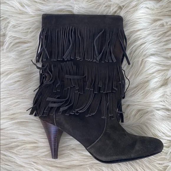 Fringe Chocolate Brown Suede Mid caff Slouchy Boots Boho Festival Western 7.5