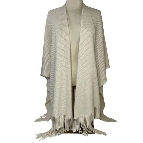 Fringe Wrap Sweater Shawl Duster Cape Poncho Ivory Cream Off White Tan Beige