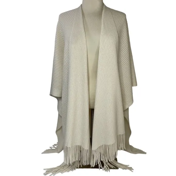 Fringe Wrap Sweater Shawl Duster Cape Poncho Ivory Cream Off White Tan Beige