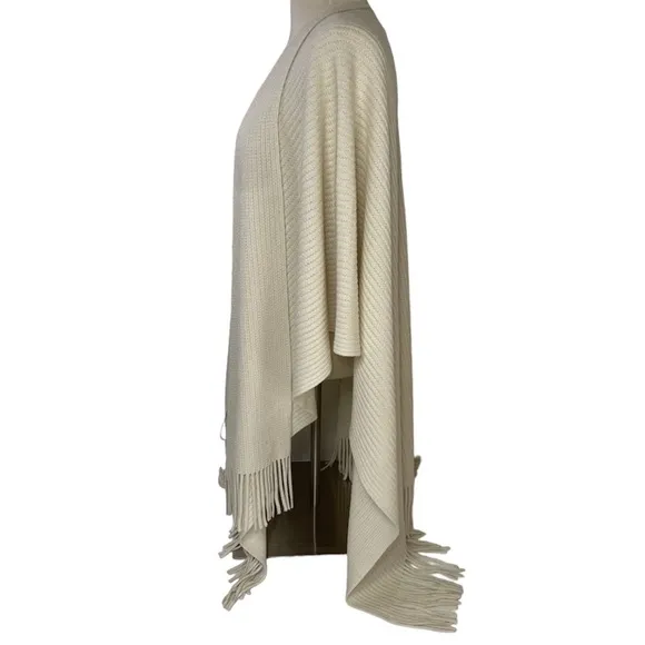 Fringe Wrap Sweater Shawl Duster Cape Poncho Ivory Cream Off White Tan Beige