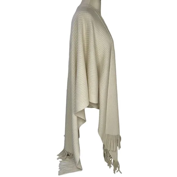 Fringe Wrap Sweater Shawl Duster Cape Poncho Ivory Cream Off White Tan Beige