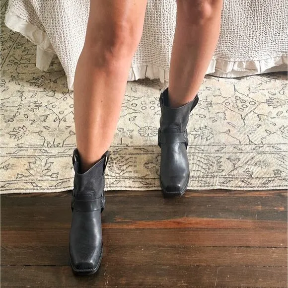 Frye Black Leather Square Toe Harness Ankle Boots Size 8.5