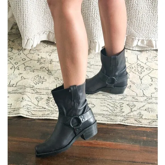 Frye Black Leather Square Toe Harness Ankle Boots Size 8.5
