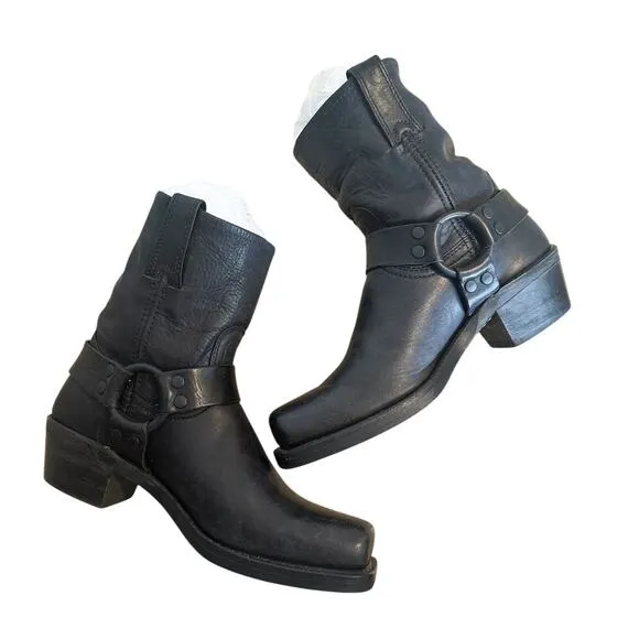 Frye Black Leather Square Toe Harness Ankle Boots Size 8.5