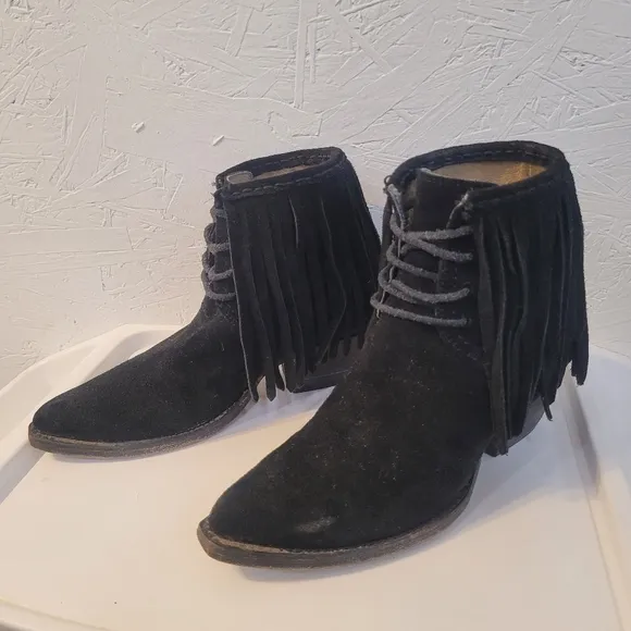 FRYE Black Suede Leather Fringe Bootie Womens Boots Sz 7.5 Festival Boho Western