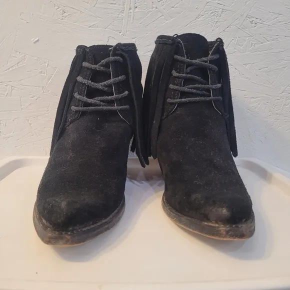 FRYE Black Suede Leather Fringe Bootie Womens Boots Sz 7.5 Festival Boho Western