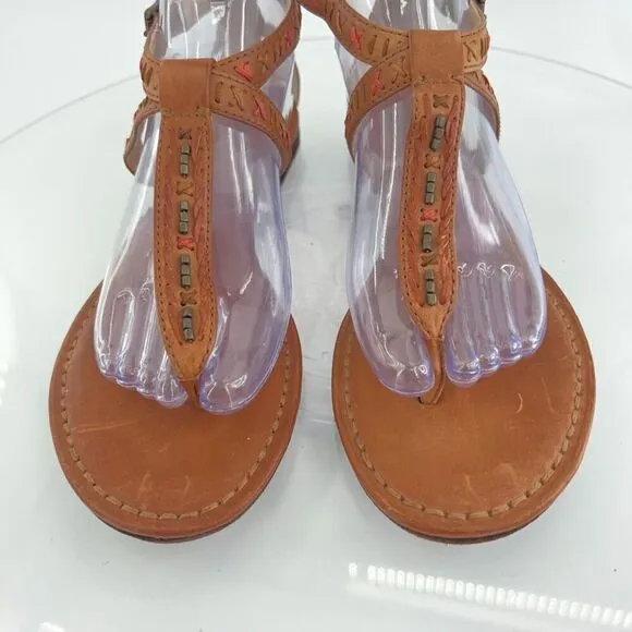 Frye Carson Boho Thong Sandals Women's 9 Brown Leather Strappy Beaded Gladiator
