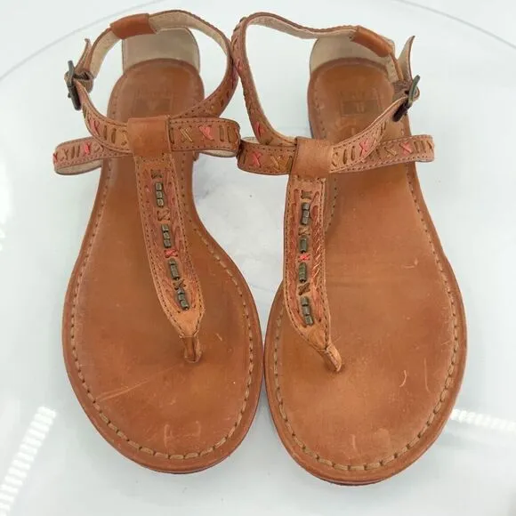 Frye Carson Boho Thong Sandals Women's 9 Brown Leather Strappy Beaded Gladiator