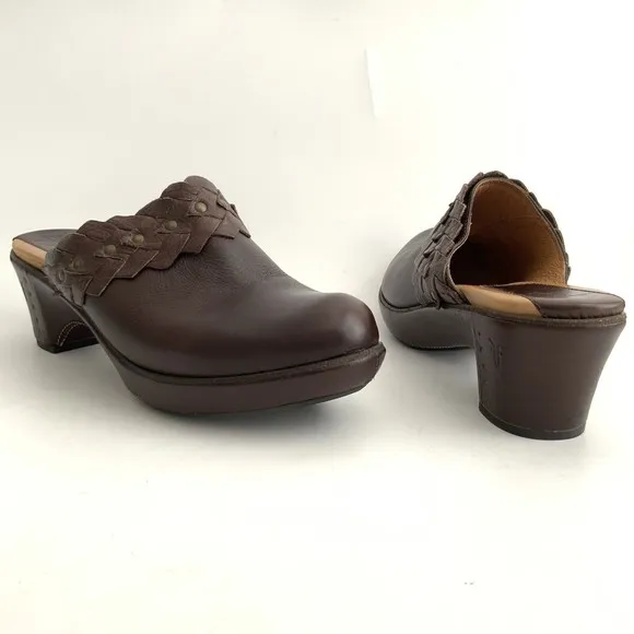 Frye Clogs Women Size 10M Brown Leather Slip-on Chunky Braid Studs Logo Shoes