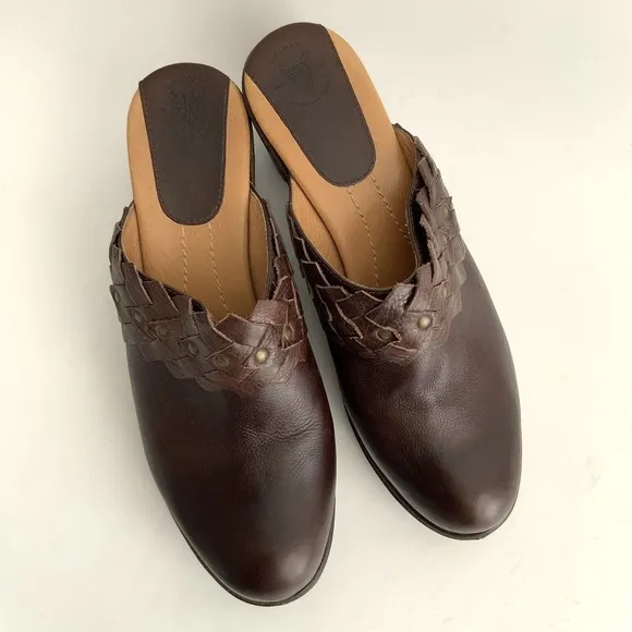 Frye Clogs Women Size 10M Brown Leather Slip-on Chunky Braid Studs Logo Shoes