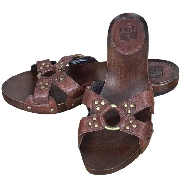 Frye Ellie Ring Slide Wood/Wooden Dark Brown Mahogany Leather Sandals Size 9
