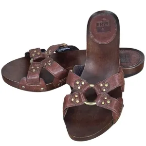 Frye Ellie Ring Slide Wood/Wooden Dark Brown Mahogany Leather Sandals Size 9