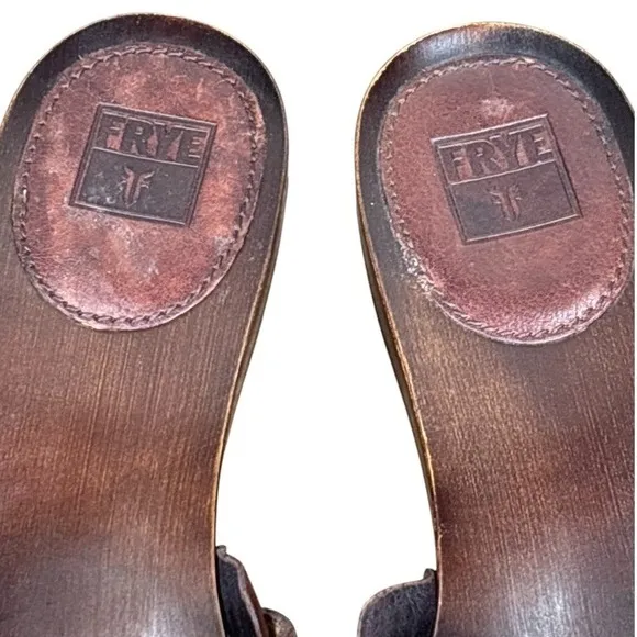 Frye Ellie Ring Slide Wood/Wooden Dark Brown Mahogany Leather Sandals Size 9