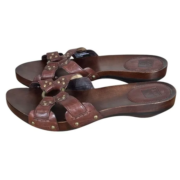 Frye Ellie Ring Slide Wood/Wooden Dark Brown Mahogany Leather Sandals Size 9