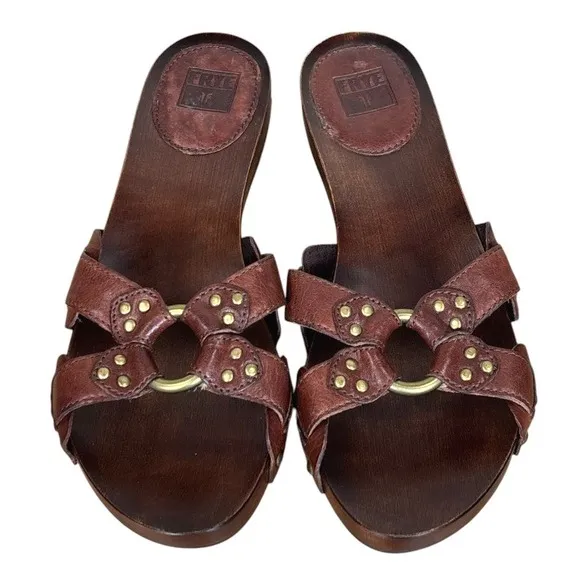 Frye Ellie Ring Slide Wood/Wooden Dark Brown Mahogany Leather Sandals Size 9