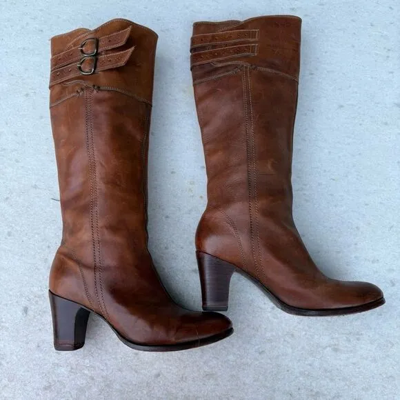 Frye Fiona Tan Leather Tall Boots 3” Heel Western | Sz 8.5 B