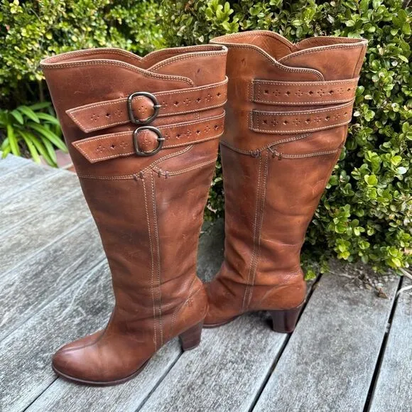 Frye Fiona Tan Leather Tall Boots 3” Heel Western | Sz 8.5 B