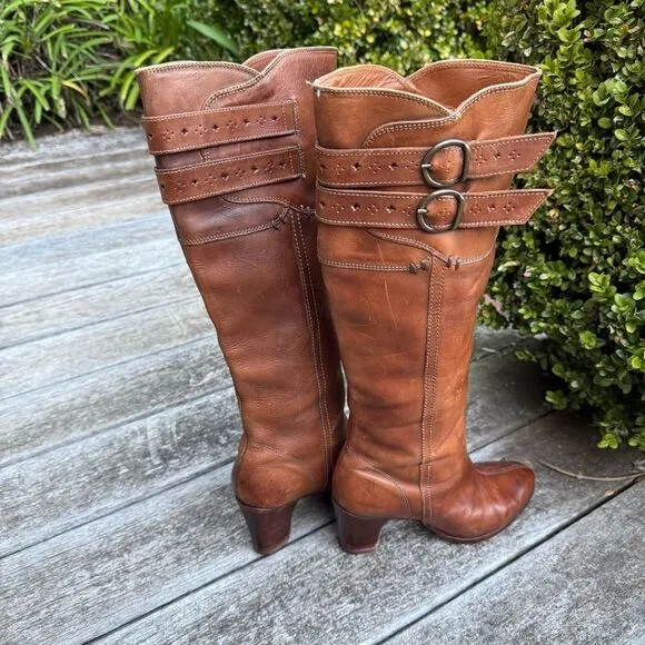 Frye Fiona Tan Leather Tall Boots 3” Heel Western | Sz 8.5 B