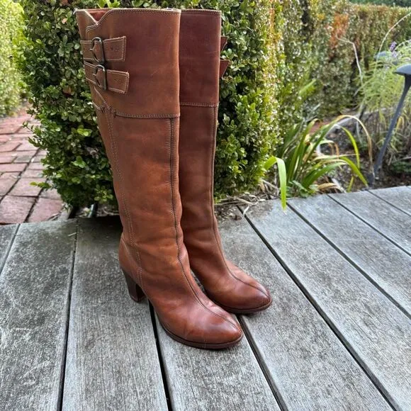 Frye Fiona Tan Leather Tall Boots 3” Heel Western | Sz 8.5 B