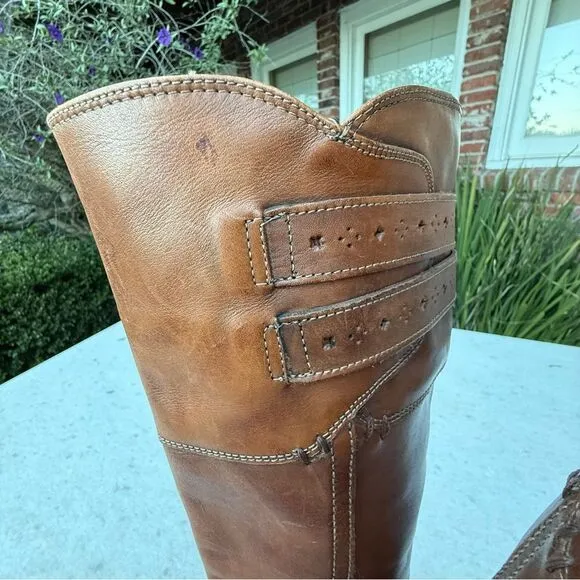 Frye Fiona Tan Leather Tall Boots 3” Heel Western | Sz 8.5 B