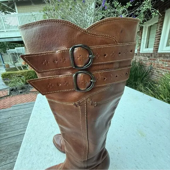 Frye Fiona Tan Leather Tall Boots 3” Heel Western | Sz 8.5 B