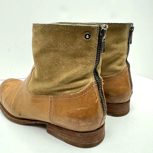 Frye Jamie Light Tan Distressed Leather Back Zip Western Ankle Boots Booties