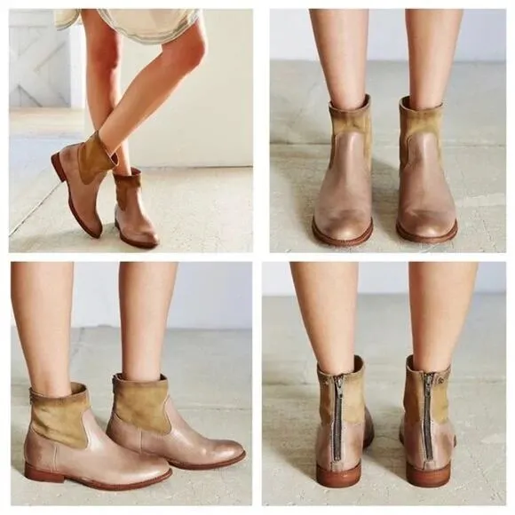 Frye Jamie Light Tan Distressed Leather Back Zip Western Ankle Boots Booties