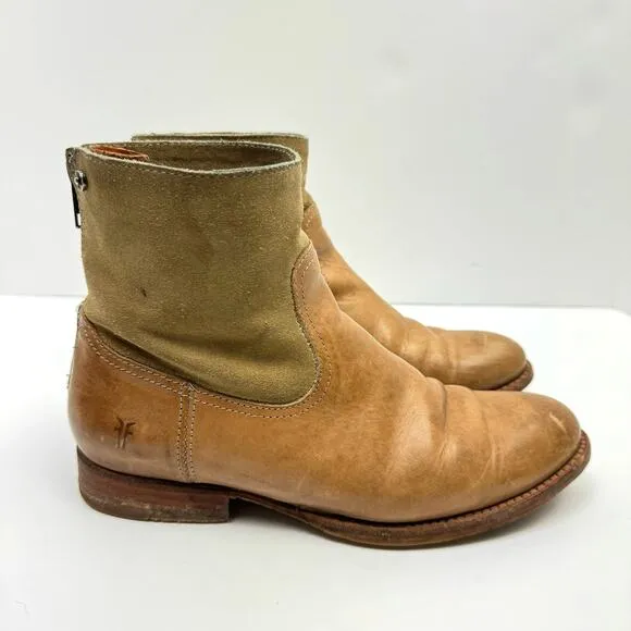 Frye Jamie Light Tan Distressed Leather Back Zip Western Ankle Boots Booties