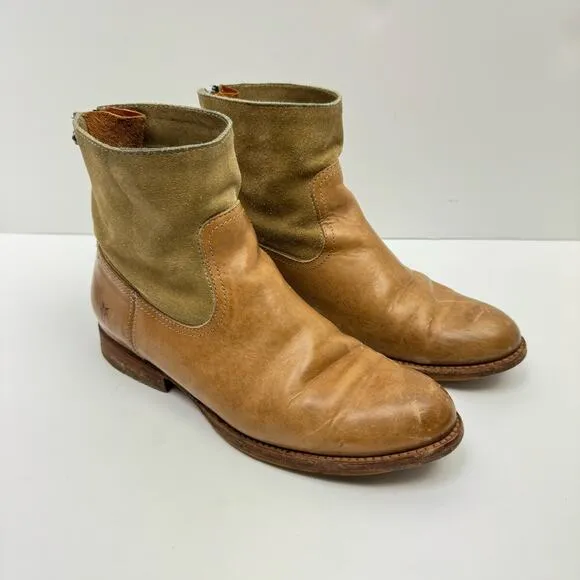 Frye Jamie Light Tan Distressed Leather Back Zip Western Ankle Boots Booties