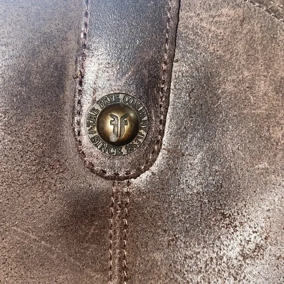 Frye Melissa Logo Distressed Western Boho Brown Leather Tall Riding Boots