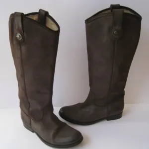 Frye Melissa Logo Distressed Western Boho Brown Leather Tall Riding Boots