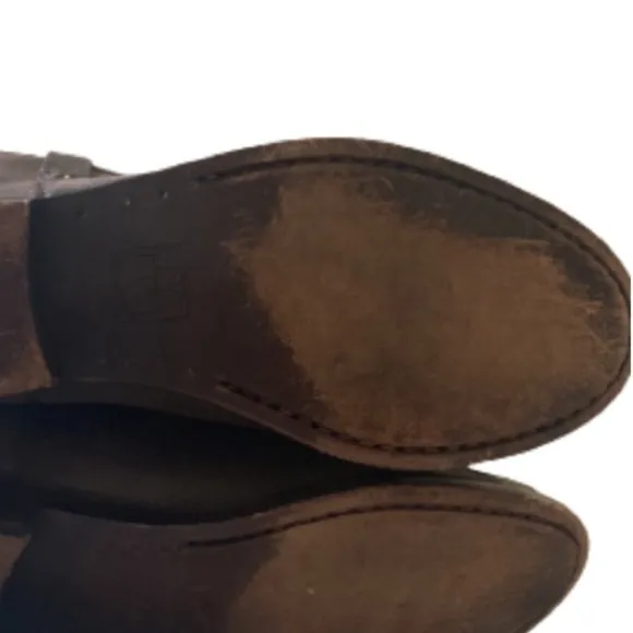 Frye Melissa Logo Distressed Western Boho Brown Leather Tall Riding Boots