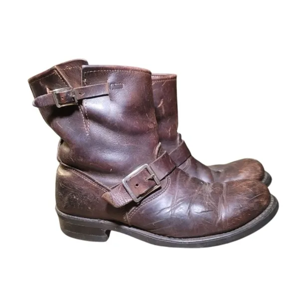 Frye Men's Vintage Made In US Mocha Brown Distressed Engineer Boots Size 7.5