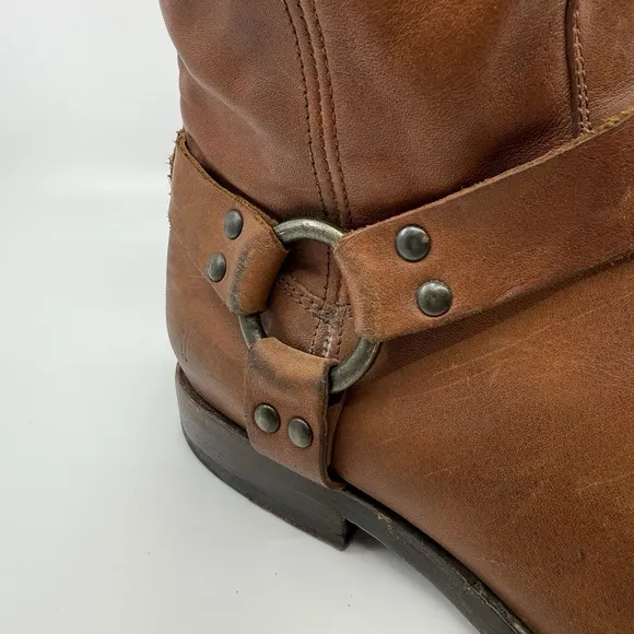 FRYE Phillip Harness Short Whiskey Boots WOMEN 8.5 Leather Back Zip Moto Boho