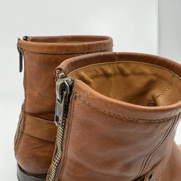 FRYE Phillip Harness Short Whiskey Boots WOMEN 8.5 Leather Back Zip Moto Boho