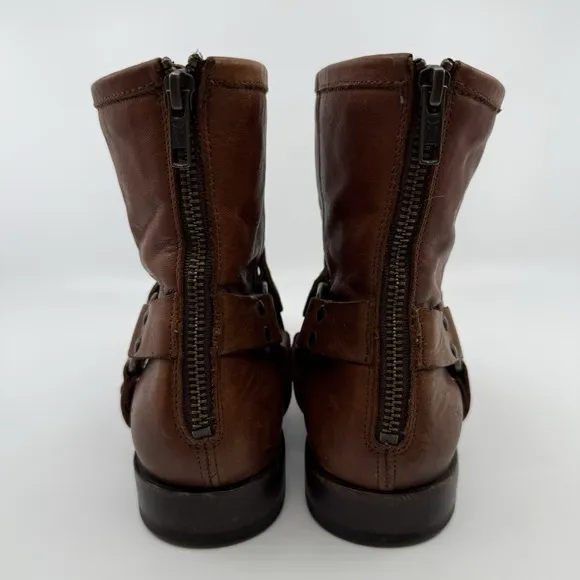 FRYE Phillip Harness Short Whiskey Boots WOMEN 8.5 Leather Back Zip Moto Boho