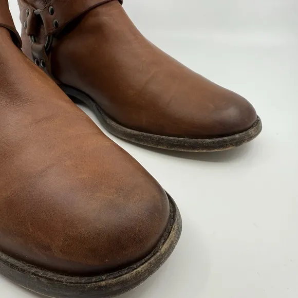 FRYE Phillip Harness Short Whiskey Boots WOMEN 8.5 Leather Back Zip Moto Boho