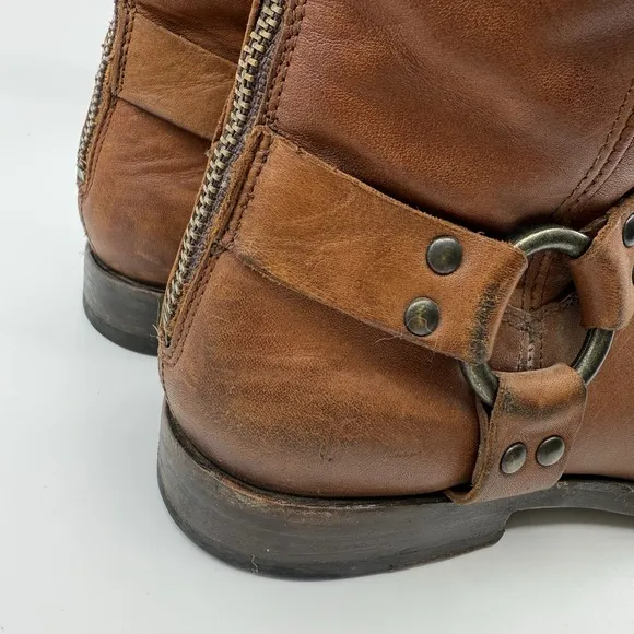FRYE Phillip Harness Short Whiskey Boots WOMEN 8.5 Leather Back Zip Moto Boho