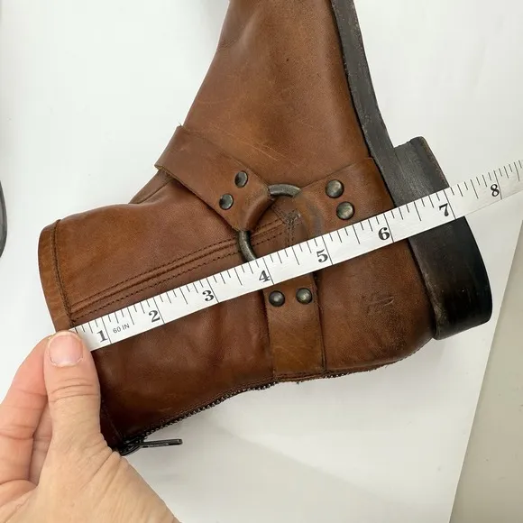 FRYE Phillip Harness Short Whiskey Boots WOMEN 8.5 Leather Back Zip Moto Boho