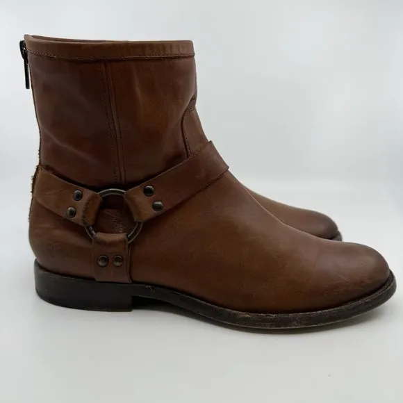 FRYE Phillip Harness Short Whiskey Boots WOMEN 8.5 Leather Back Zip Moto Boho