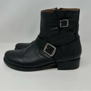 Frye Vicky Engineer Double Buckle Leather Moto Boho Ankle Boots Black Size 9.5