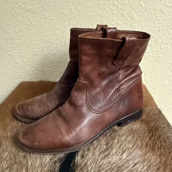 Frye Womens 9.5 Anna Shortie Cognac Brown‎ Leather Slouch Boots Bohemian Hipster