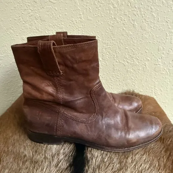 Frye Womens 9.5 Anna Shortie Cognac Brown‎ Leather Slouch Boots Bohemian Hipster