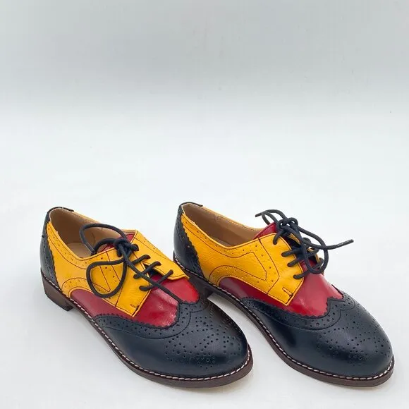 FSJ Black Lace-Up Oxfords Almond Toe Low Chunky Heel Brogues Casual Unisex Shoes