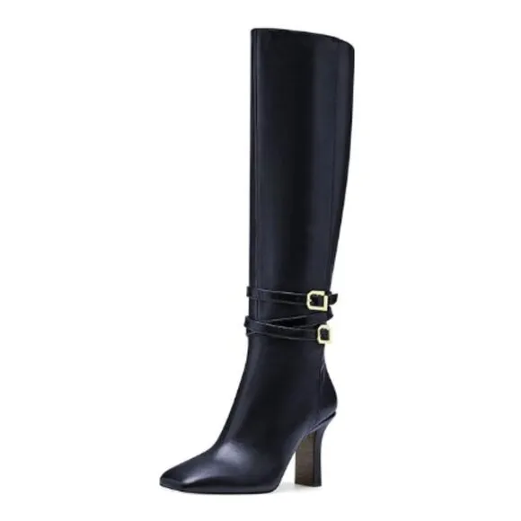 FSJ Dark Blue Knee High Boots Pull On Chunky Mid Heel Side Zipper Shoes